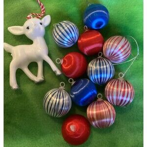 Satin Spun Red & Red Striped Unbreakable 1.5" Christmas Ball Ornaments & Deer